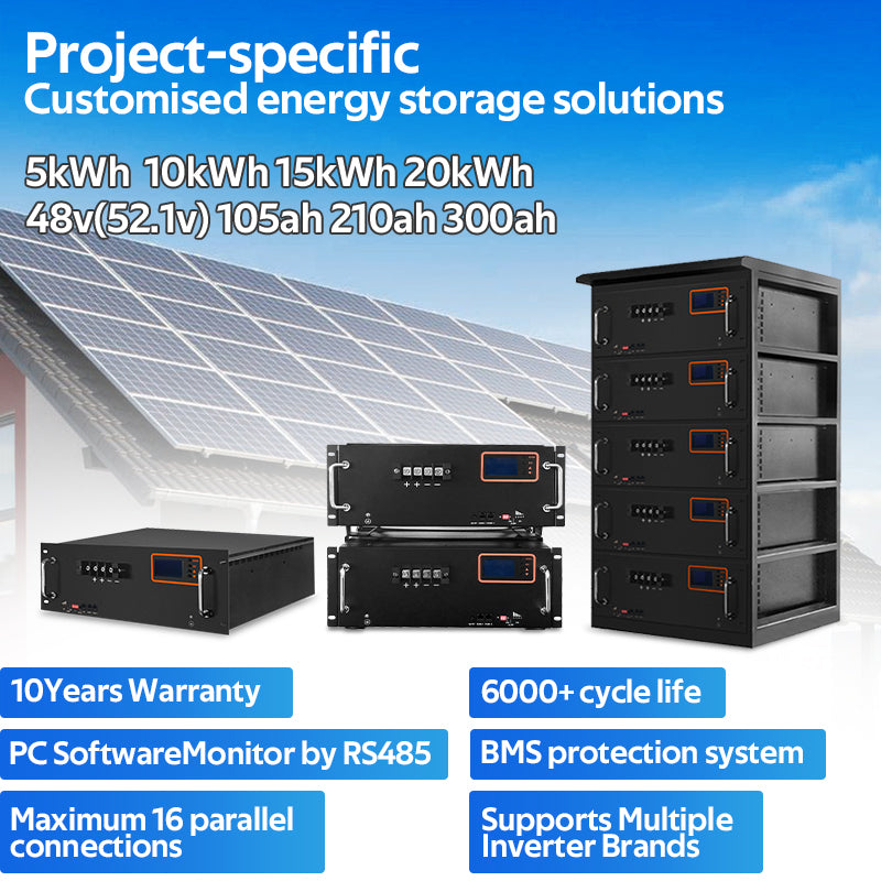 High Voltage 51.2v 48v 30kwh 20kwh 10kwh 100ah 200ah Rack Mounted Lifepo4 Battery Pack for Solar Energy Storage